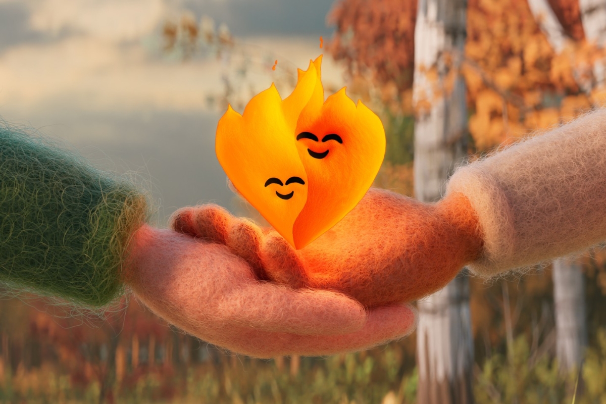 Twee handen geven een hartvormig vlammetje door, beeld van De Warmste Week